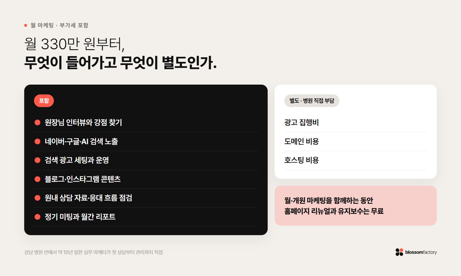 블러썸팩토리 월 330만 원 병원 마케팅에 포함되는 항목과 별도 비용