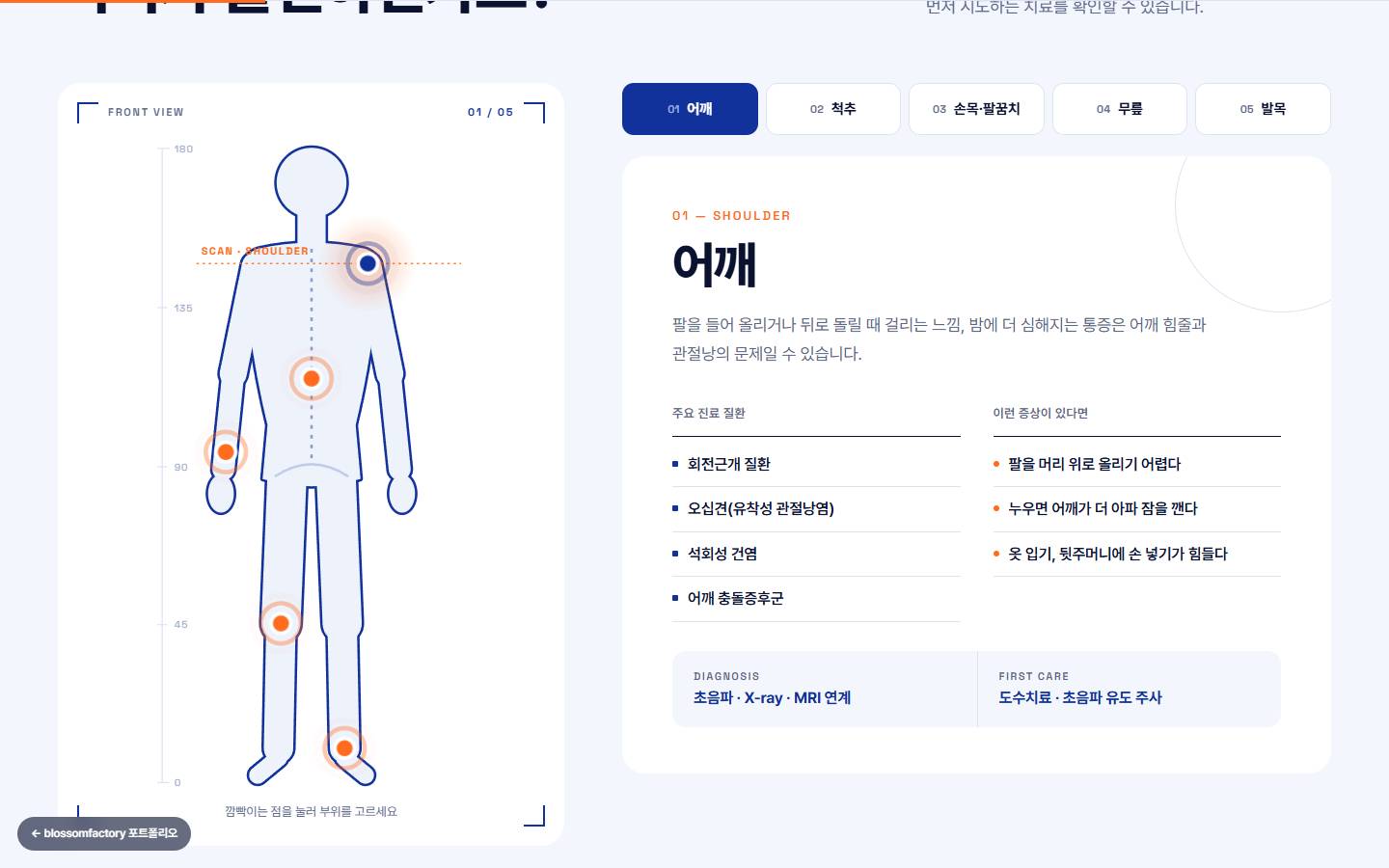 인체 실루엣의 어깨 점이 선택되고 오른쪽에 어깨 질환과 증상, 진단과 우선 치료가 정리된 부위별 진료 화면
