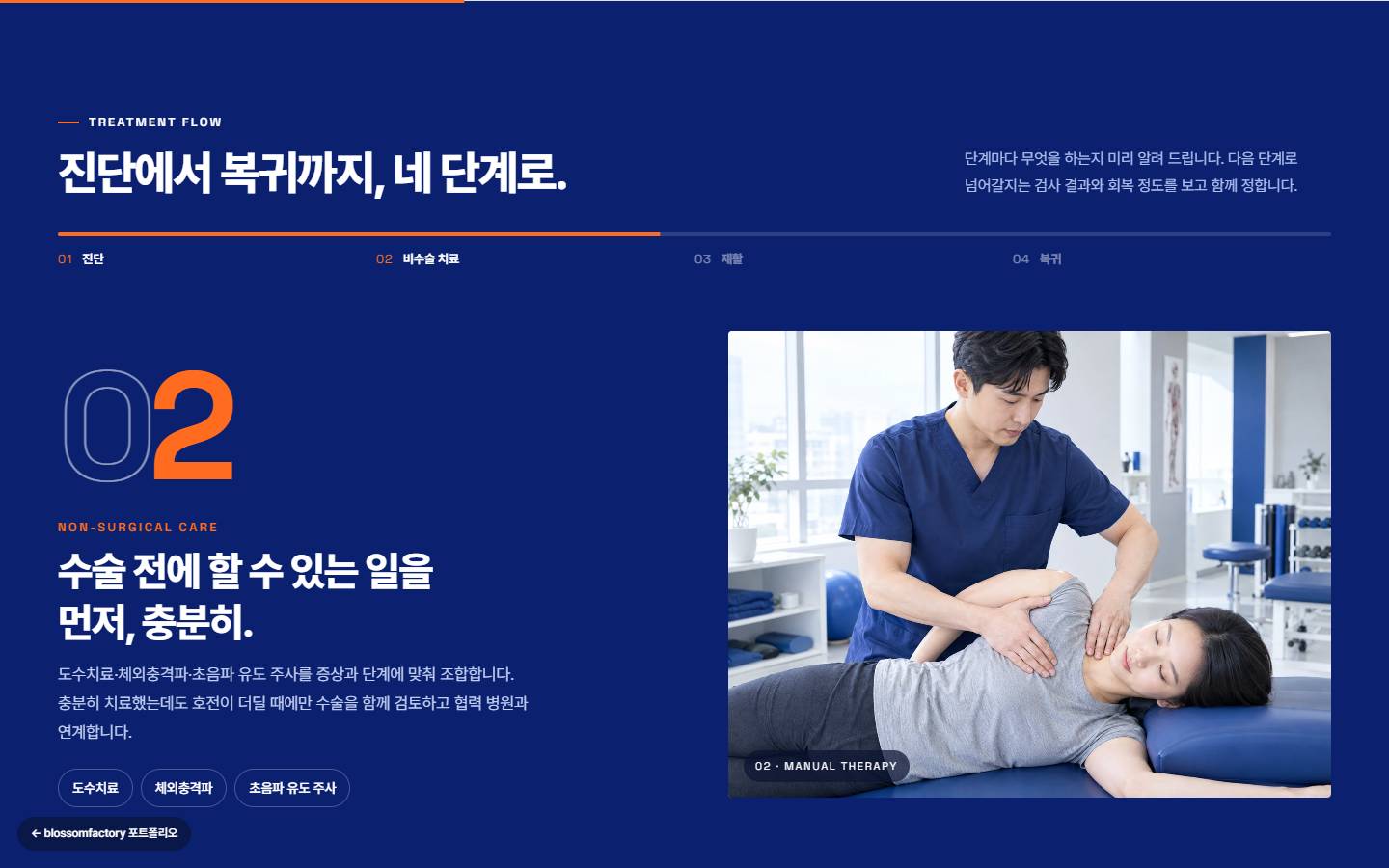 코발트 배경에 진행 바와 큰 숫자 02, '수술 전에 할 수 있는 일, 먼저, 충분히.' 제목과 도수치료 사진이 있는 진료 과정 화면