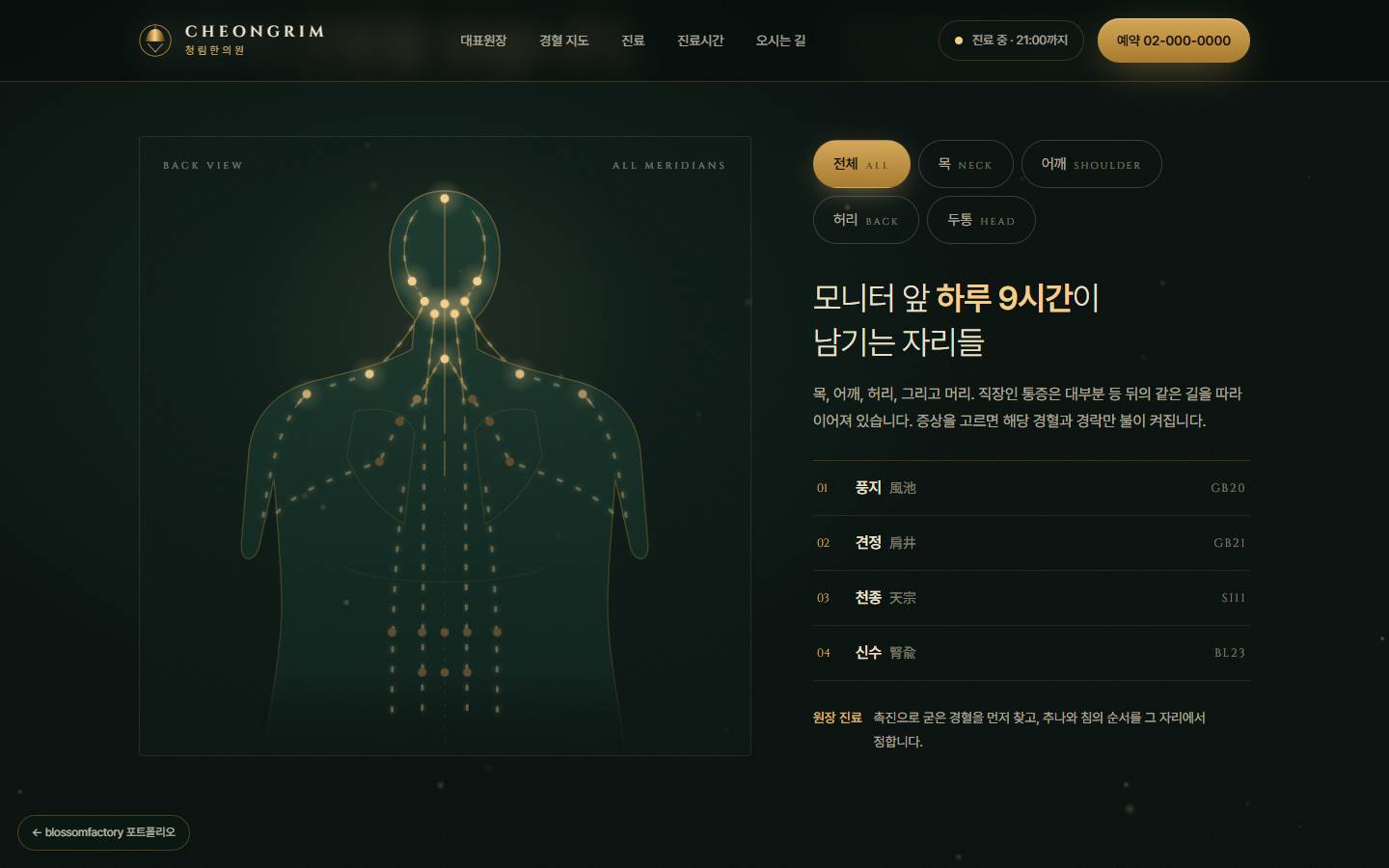 어두운 바탕에 등·목·어깨 실루엣과 금빛으로 켜진 경혈 점과 경락 선, 오른쪽 전체·목·어깨·허리·두통 선택 버튼과 '모니터 앞 하루 9시간이 남기는 자리들' 제목, 풍지·견정·신수 경혈 목록