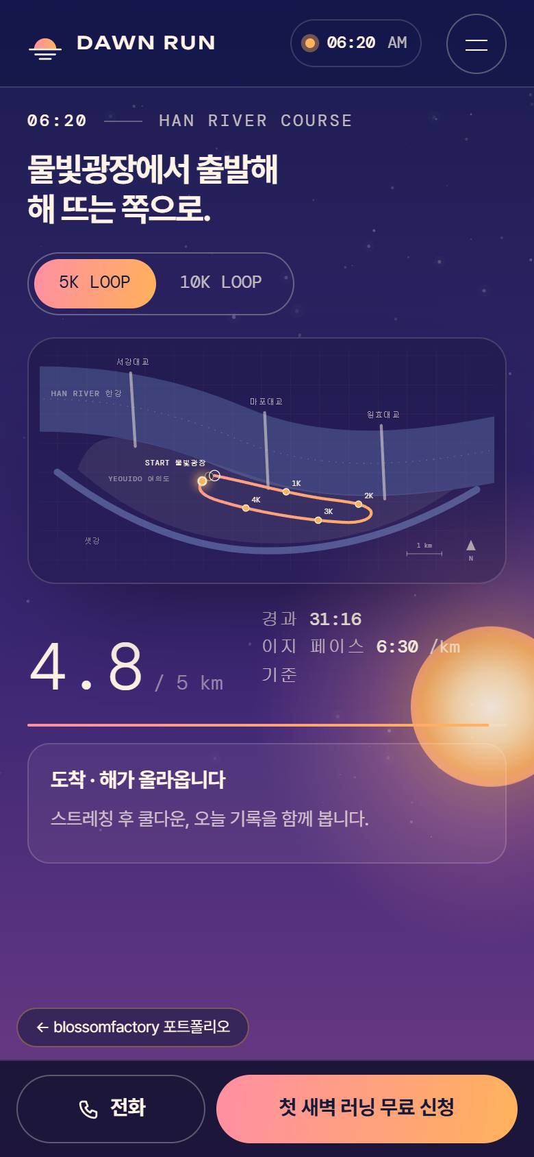 휴대폰 화면의 DAWN RUN 첫 화면, 지도와 4.8km 거리 숫자를 위아래로 쌓은 한강 코스, 해 뜨는 사진 위 "내일 새벽 6시, 같이 출발할까요?" 신청 화면과 하단 고정 전화·첫 새벽 러닝 무료 신청 바 2