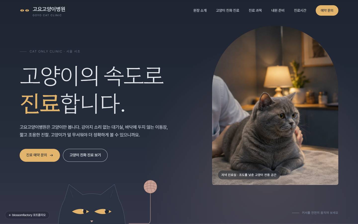 밤하늘색 배경에 "고양이의 속도로 진료합니다" 가는 명조 제목과 호박색 '진료', 낮은 조명 아래 고양이 아치 사진, 화면 아래에서 내다보는 선 고양이와 로즈색 실뭉치
