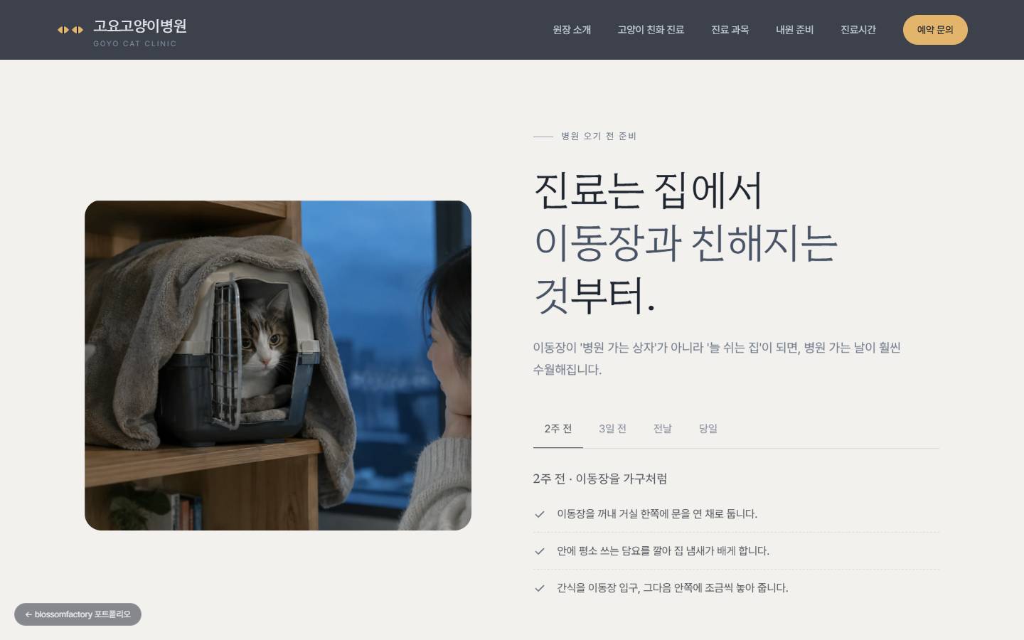 담요를 덮은 이동장 안에서 내다보는 고양이 사진 옆, "진료는 집에서 이동장과 친해지는 것부터" 제목과 2주 전·3일 전·전날·당일 탭, 2주 전 체크리스트