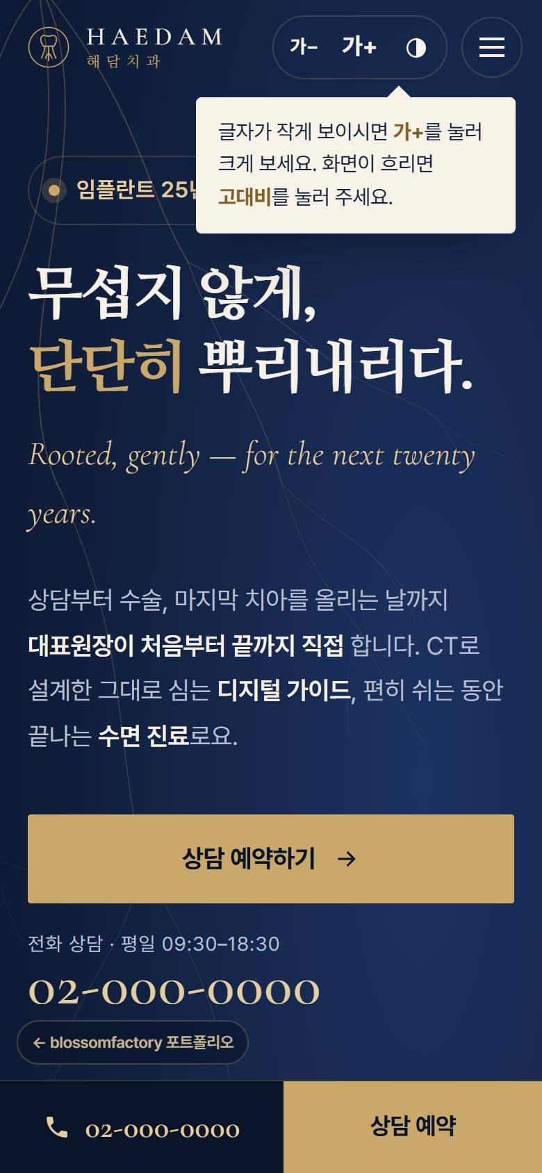 휴대폰 화면의 해담치과 첫 화면과 글자 크기 안내 말풍선, 잇몸 단계가 켜진 임플란트 분해도, '오늘은 상담만 받으셔도 괜찮습니다' 예약 섹션과 하단 고정 전화 바 1