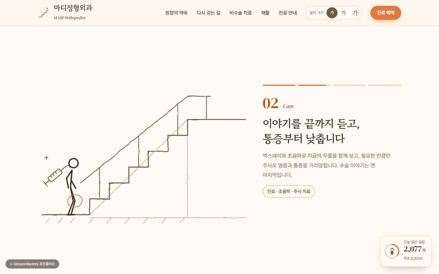 크림 바탕의 '다시 걷는 길' 고정 스크롤, 손그림 계단 앞에서 주사와 무릎 동그라미 표시를 받는 인물과 '02 Care 이야기를 끝까지 듣고, 통증부터 낮춥니다' 문장
