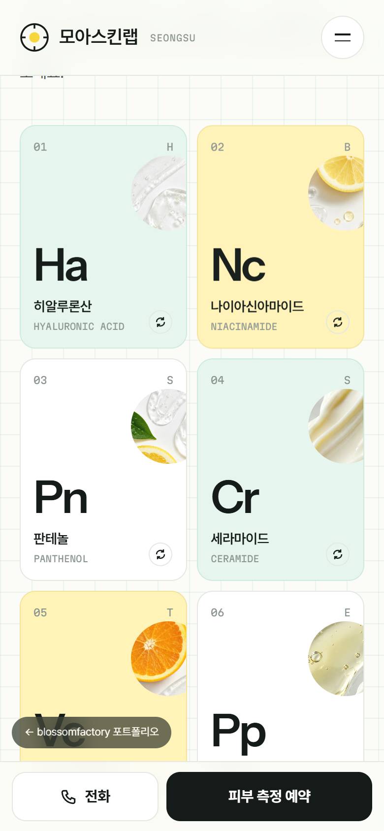 휴대폰 화면의 취소선·형광펜 첫 화면과 스캔 사진, 5문항 피부 타입 진단 첫 질문, 두 열로 정리한 성분 원소표, 하단 고정 전화·피부 측정 예약 바 3