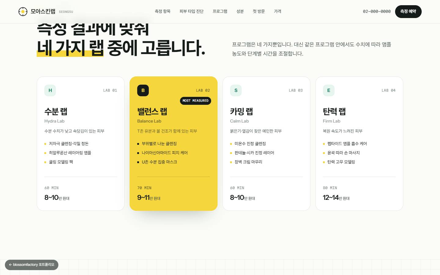 H 수분 랩, B 밸런스 랩, S 카밍 랩, E 탄력 랩 네 가지 프로그램 카드와 각 관리 내용, 소요 시간, 가격대