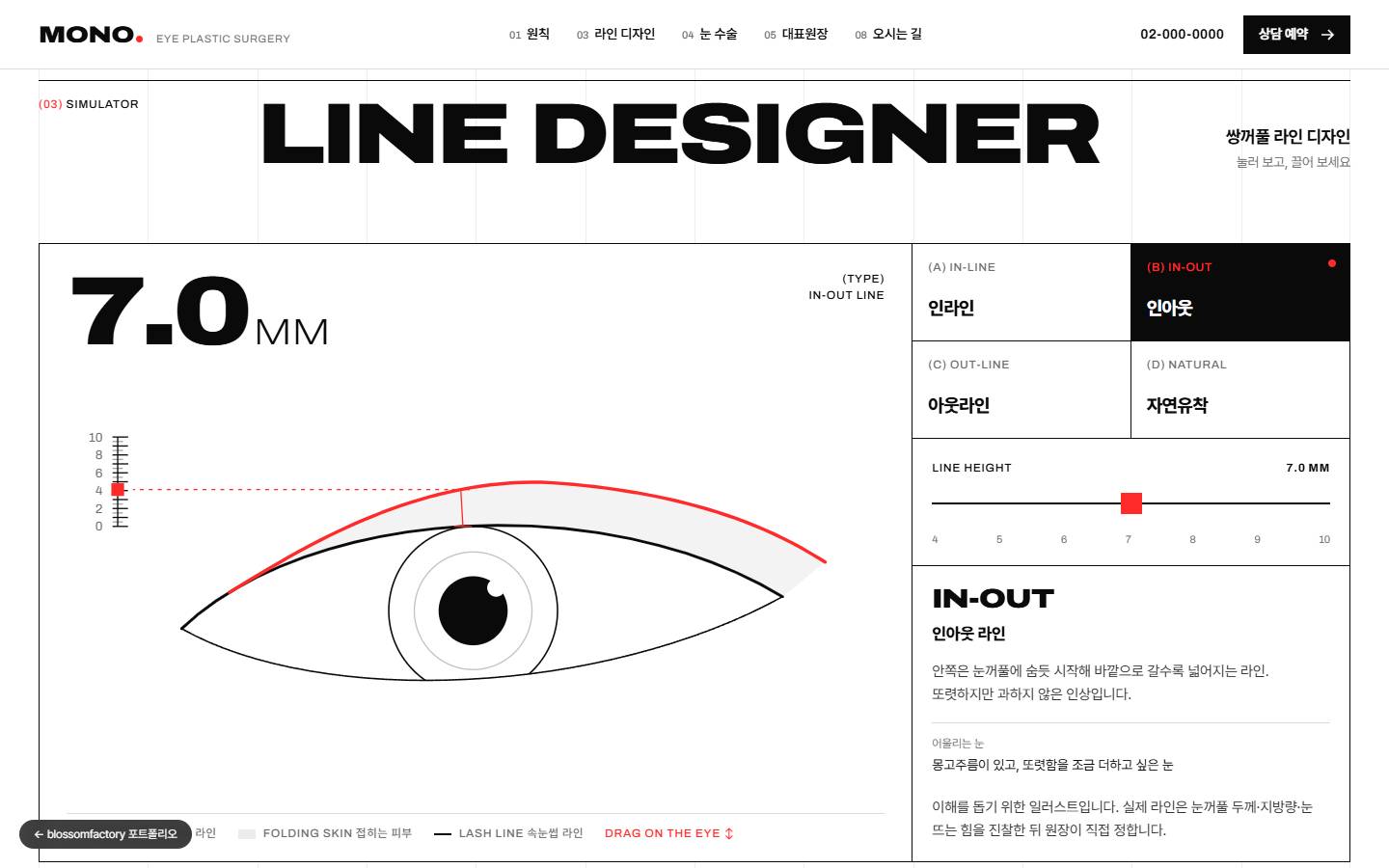 LINE DESIGNER 섹션, 7.0MM 숫자와 눈금자가 붙은 눈 일러스트 위 빨간 쌍꺼풀선, 인라인·인아웃·아웃라인·자연유착 버튼과 라인 높이 슬라이더, 인아웃 라인 설명