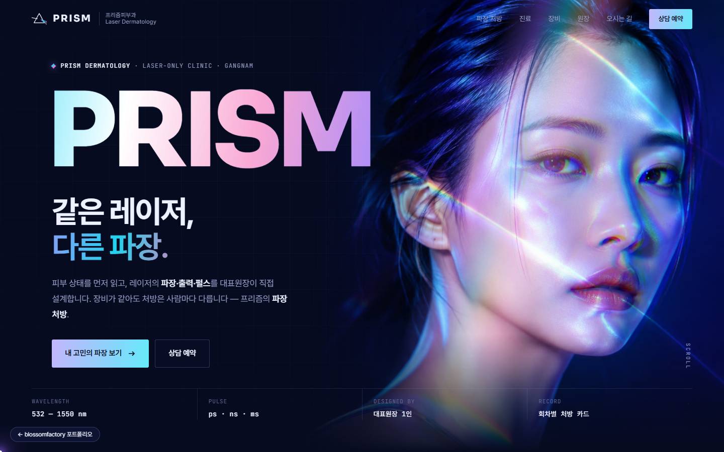 미드나잇 네이비 바탕에 홀로그램 그라데이션의 PRISM 대형 글자와 '같은 레이저, 다른 파장.' 헤드라인, 빛이 스치는 인물 사진, 내 고민의 파장 보기와 상담 예약 버튼