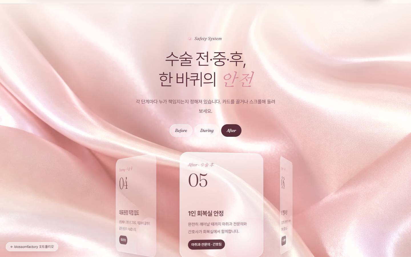 핑크 실크 배경 위 '수술 전·중·후, 한 바퀴의 안전' 제목과 Before·During·After 표시, 가운데 05 1인 회복실 안정 유리 카드와 양옆으로 기울어진 04·06 카드