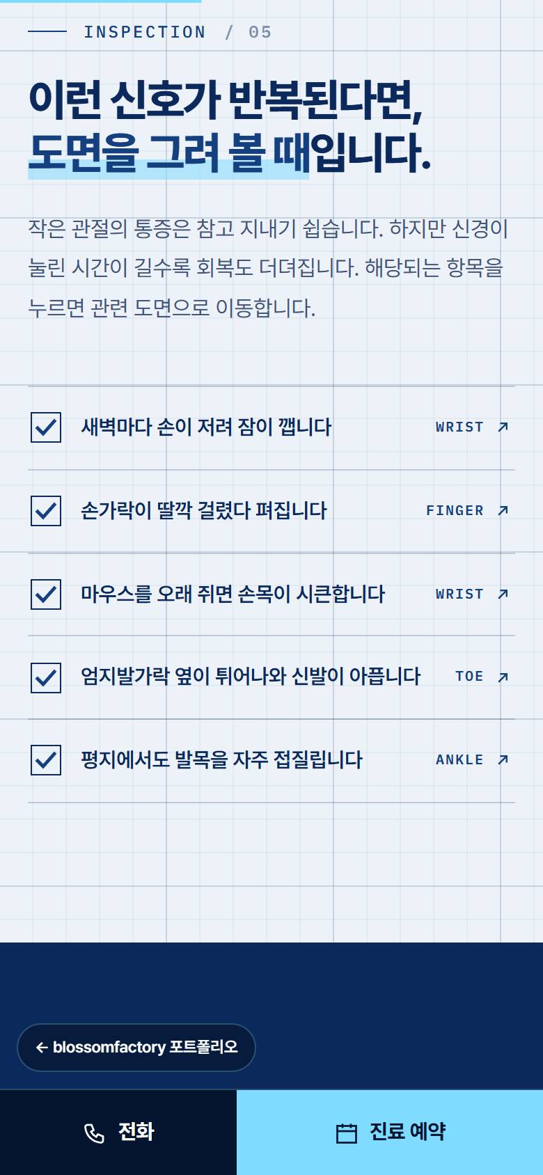휴대폰 화면의 섬세정형외과 첫 화면 손 뼈 도면, 손바닥 위 렌즈로 힘줄을 비추는 X-ray 렌즈, 증상 체크 목록과 하단 고정 전화·진료 예약 바 3