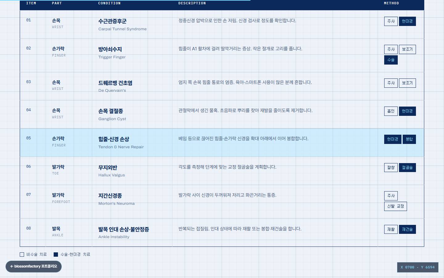 트레이싱지 색 바탕의 진료 항목 부품표, 수근관증후군부터 발목 인대 손상까지 여덟 줄과 각 줄 오른쪽의 주사·보조기·현미경·재건술 꼬리표
