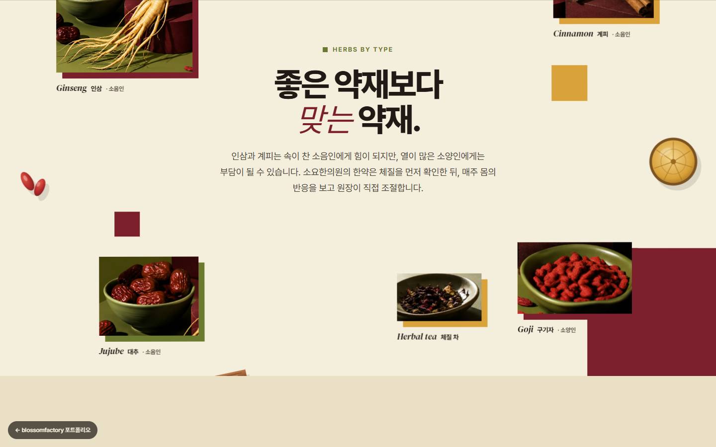 크림 바탕 가운데 '좋은 약재보다 맞는 약재.' 제목과 설명, 주위에 흩어진 인삼·계피·대추·구기자·체질 차 사진 조각과 색 블록