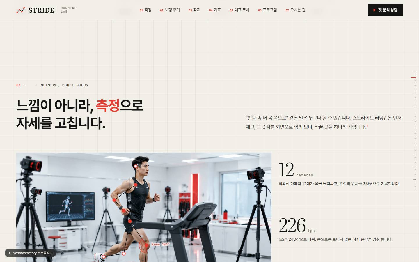 "느낌이 아니라, 측정으로 자세를 고칩니다." 제목과 카메라에 둘러싸여 트레드밀을 달리는 러너 실험실 사진, 옆에 카메라 12대와 초당 프레임 수가 올라가는 숫자