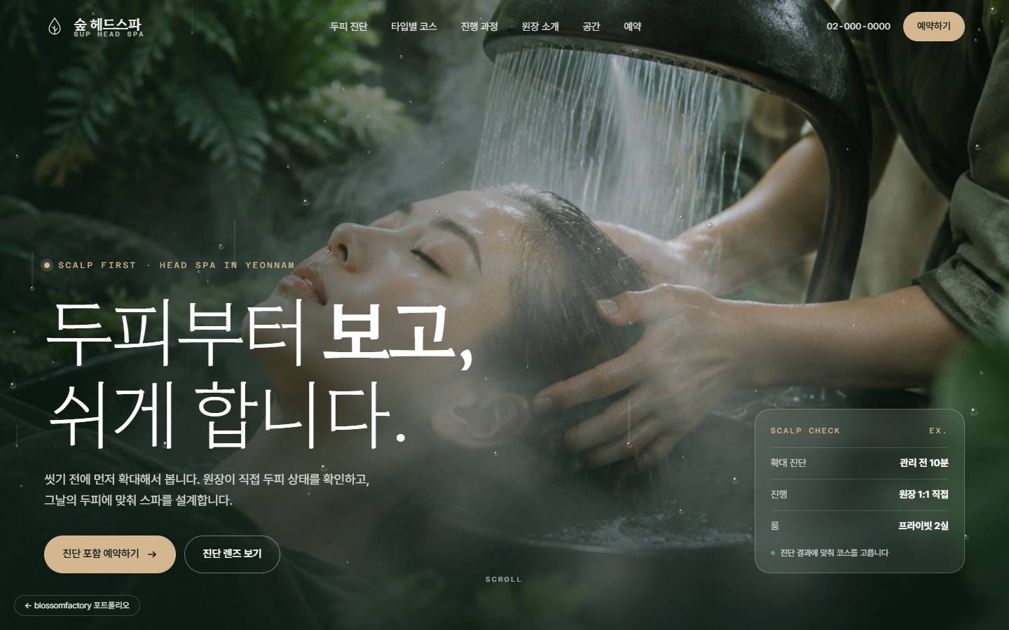 수증기 속 스파 사진 위에 "두피부터 보고, 쉬게 합니다" 세리프 제목과 진단 포함 예약하기 버튼, 오른쪽 아래 확대 진단·원장 1:1·프라이빗 2실 카드