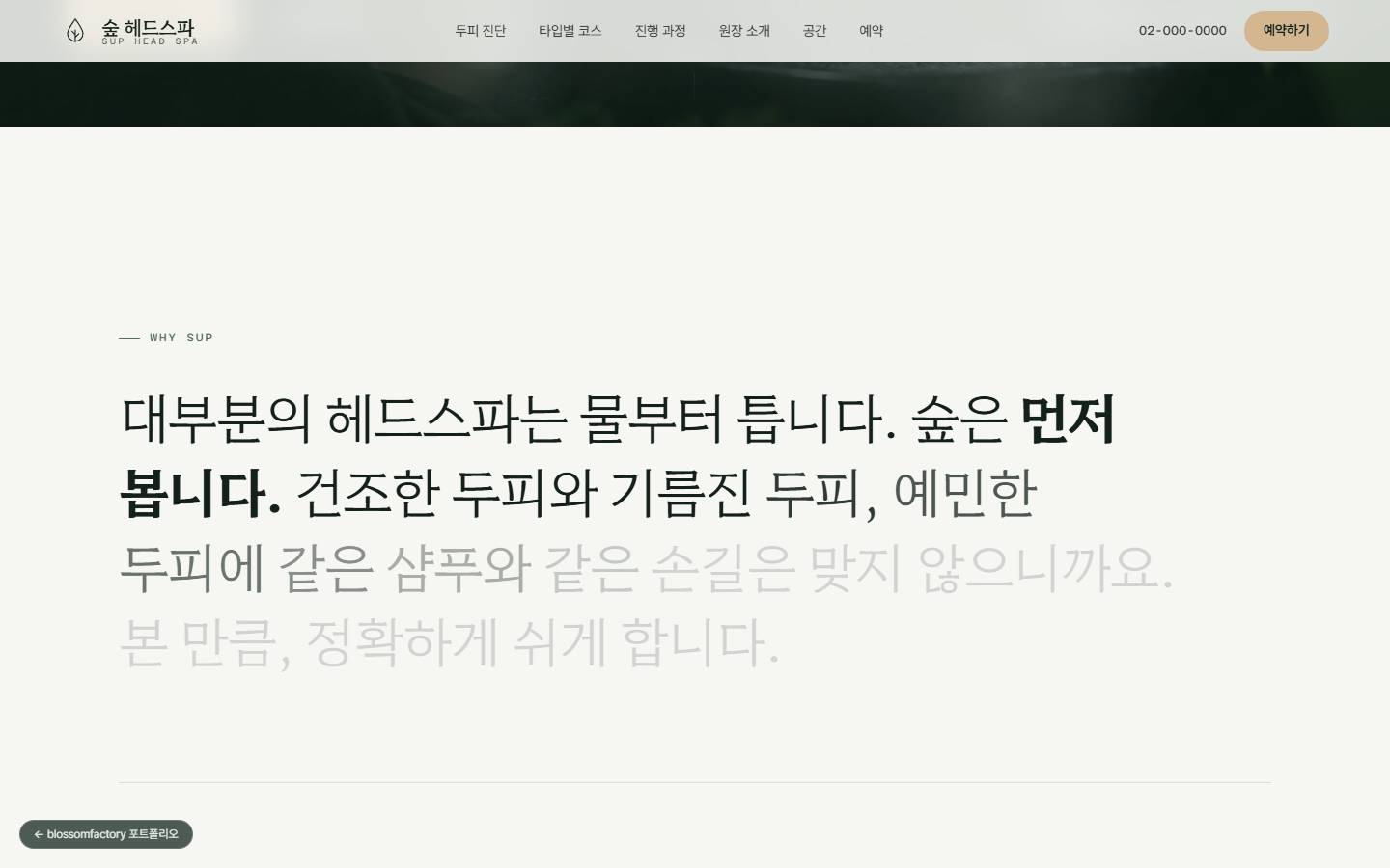 밝은 바탕에 "대부분의 헤드스파는 물부터 틉니다. 숲은 먼저 봅니다" 문장이 스크롤에 따라 앞부분부터 짙어지는 화면