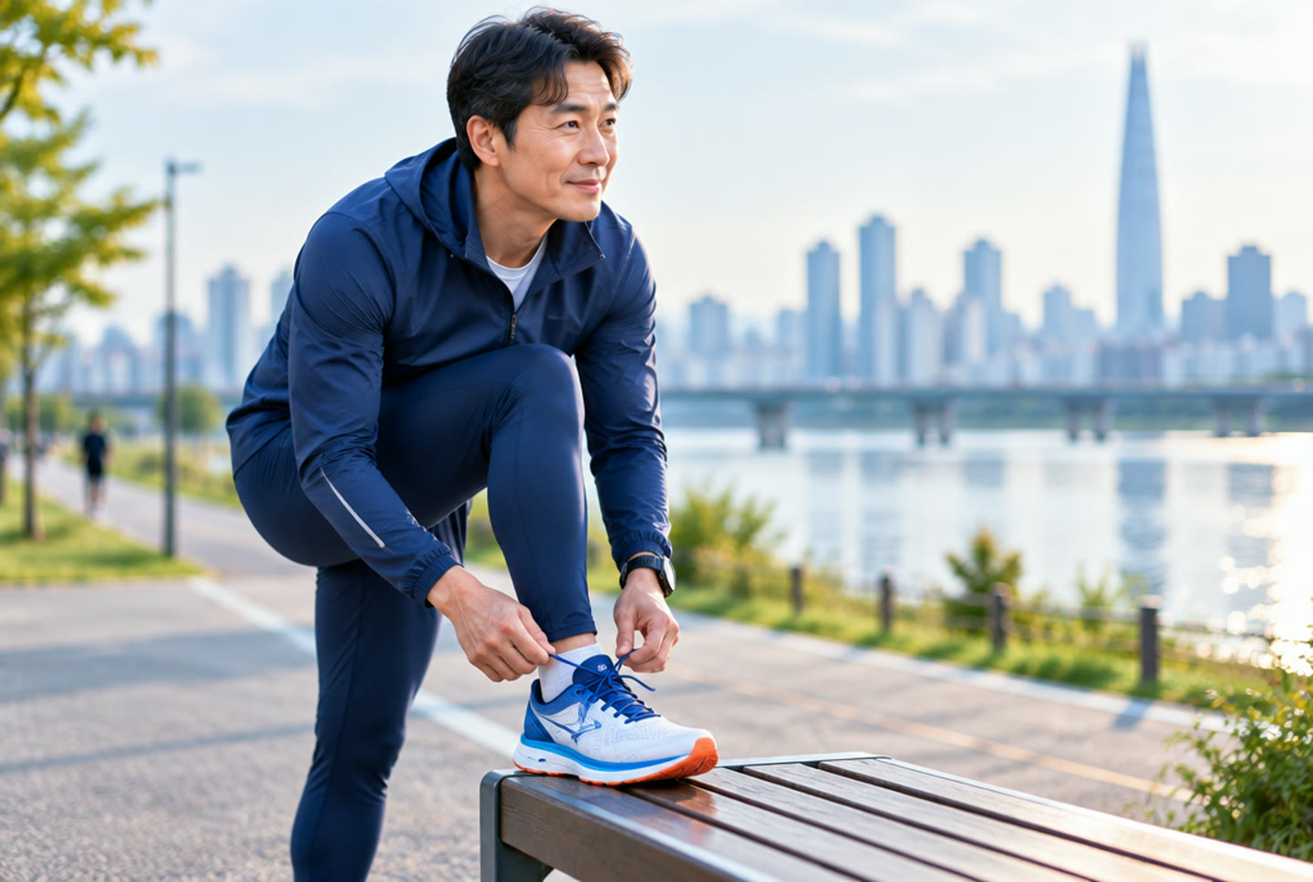 벤치에 발을 올리고 러닝화 끈을 묶는 모습