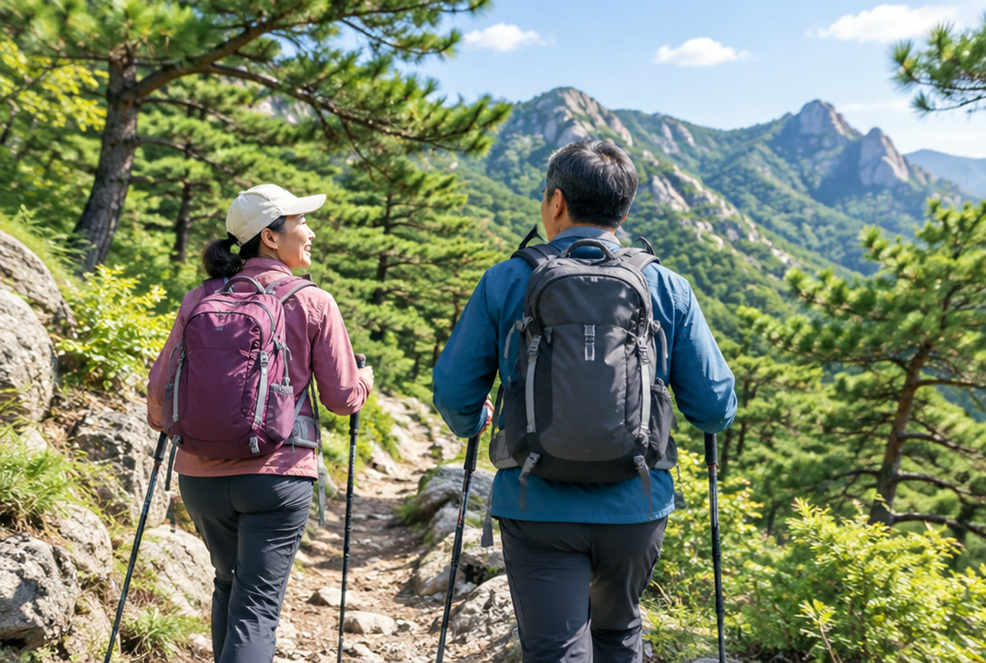 햇살 아래 산길을 걷는 사람