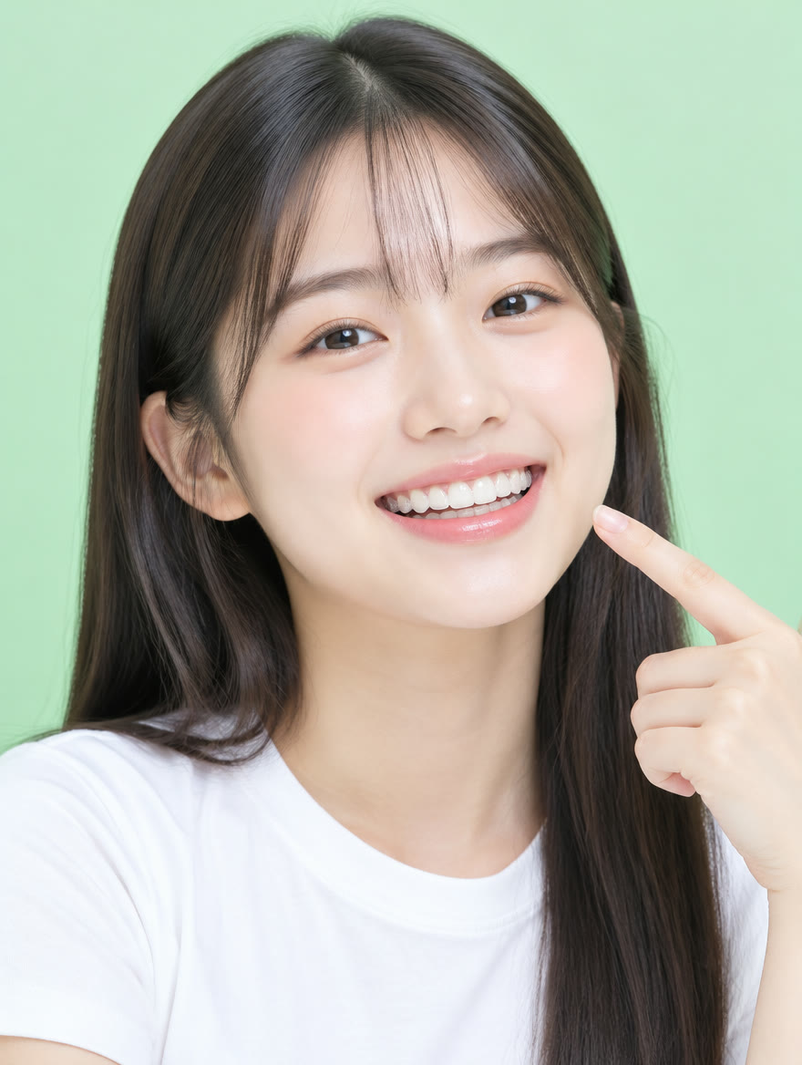 투명교정 상담을 받은 10대 학생이 웃으며 앞니를 가리키는 모습