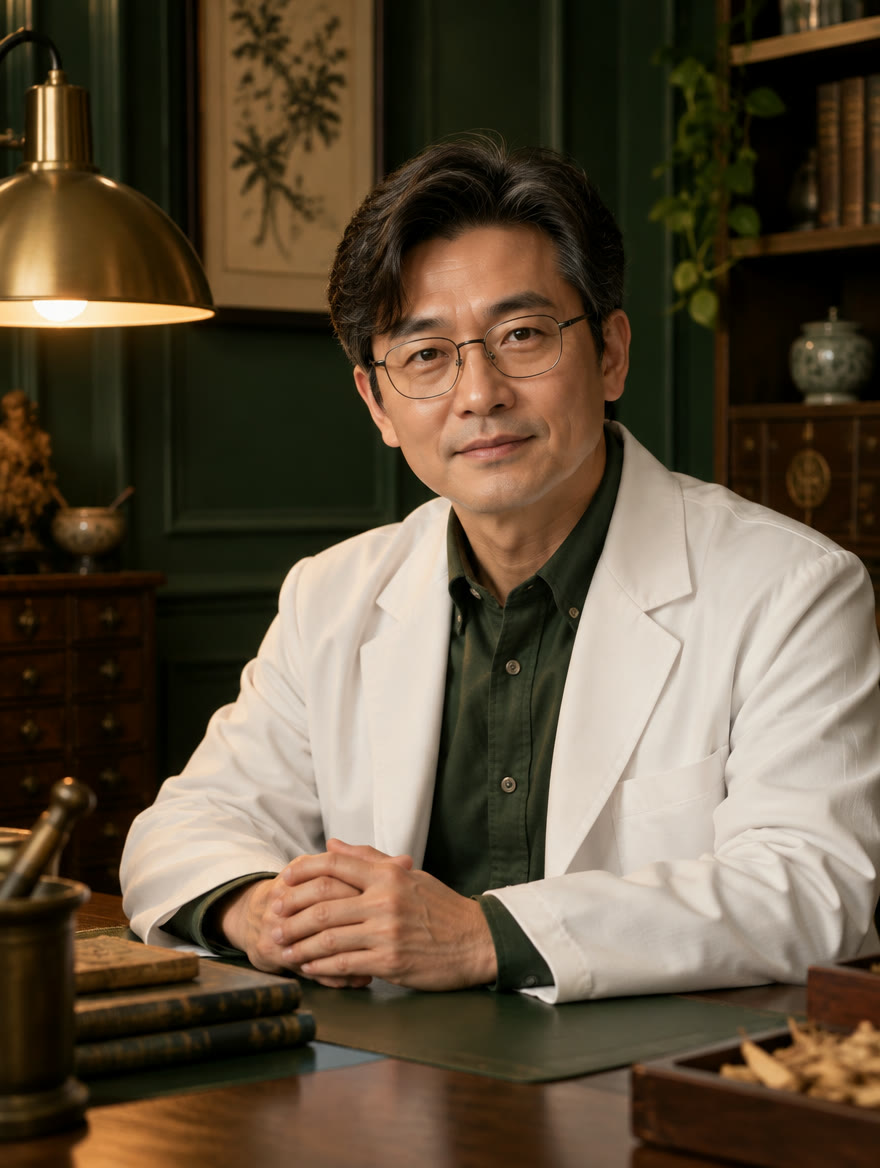 황동 조명 아래 진료실에 앉아 있는 청림한의원 대표원장