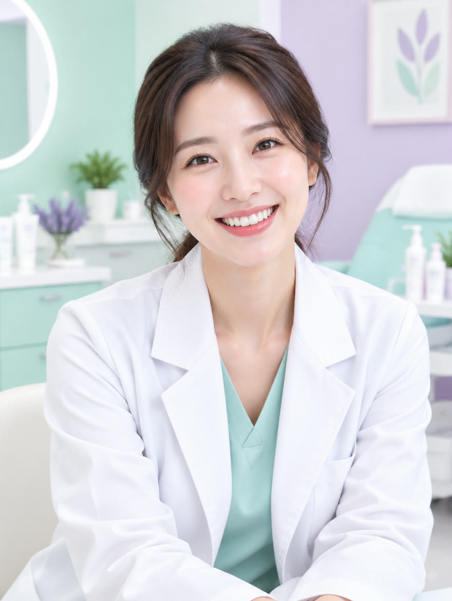 민트와 라일락 진료실에서 웃고 있는 클리어피부과 대표원장