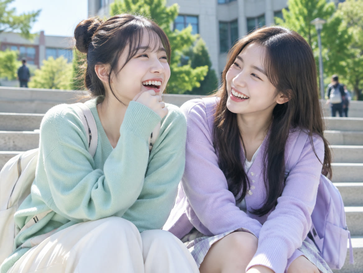 캠퍼스 계단에 앉아 웃는 대학생 친구 두 명