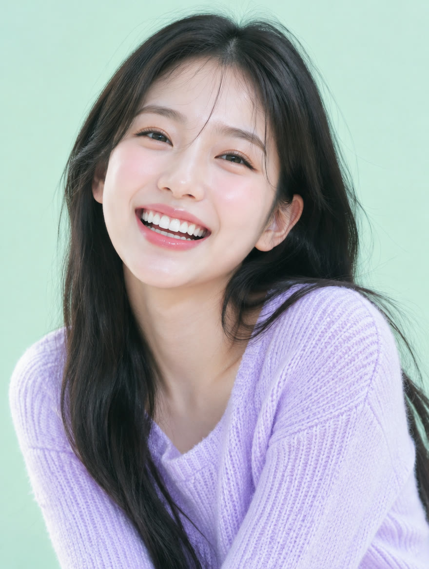 민트색 배경 앞에서 환하게 웃는 20대 여성