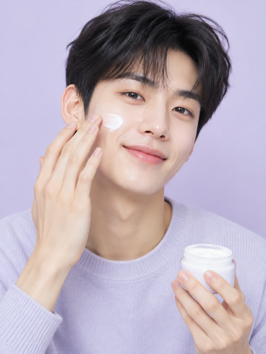 라일락 배경에서 크림을 바르는 20대 남성