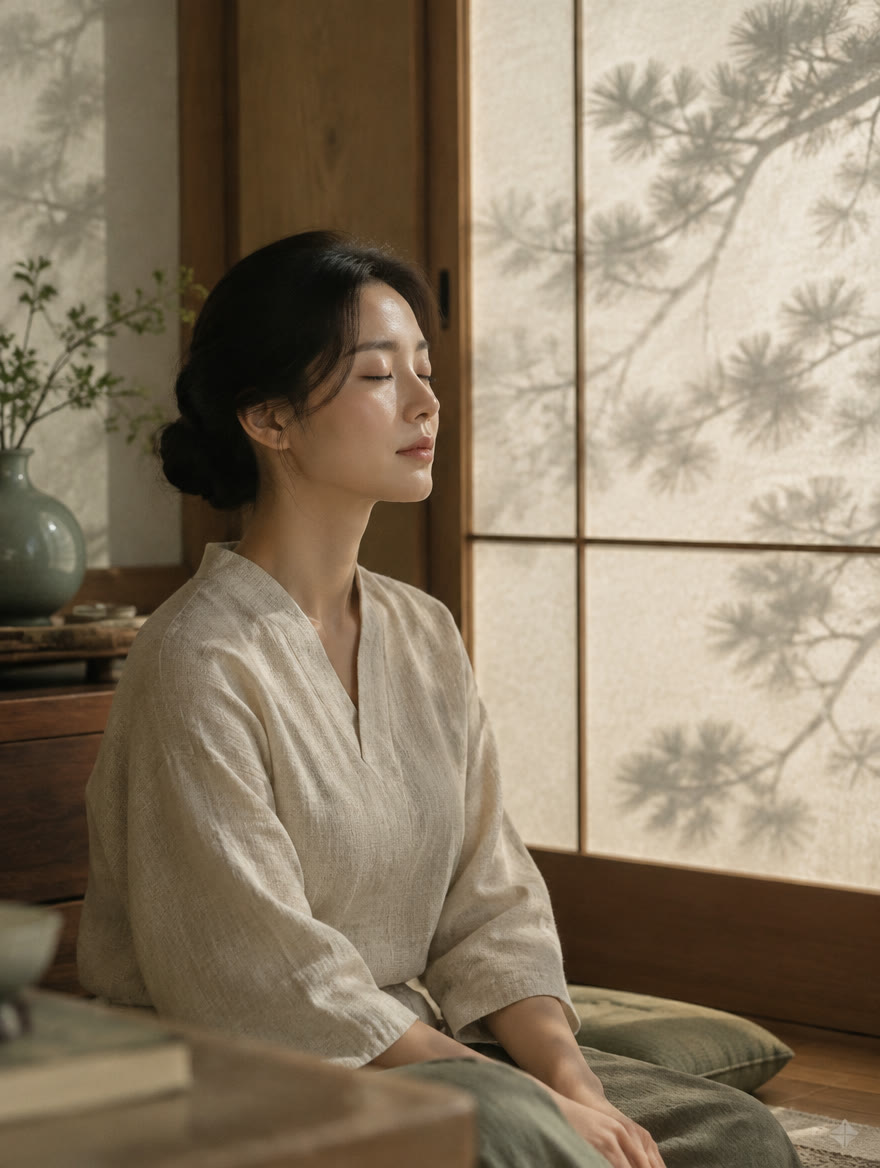한지 창 앞에 눈을 감고 고요히 앉아 있는 여성