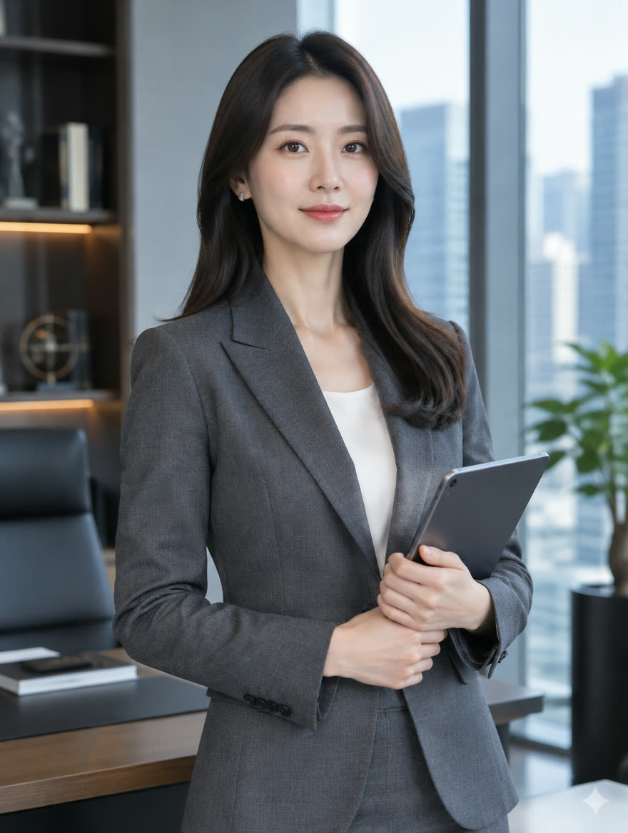 한서진 대표 변호사, 태블릿을 들고 사무실에 선 모습