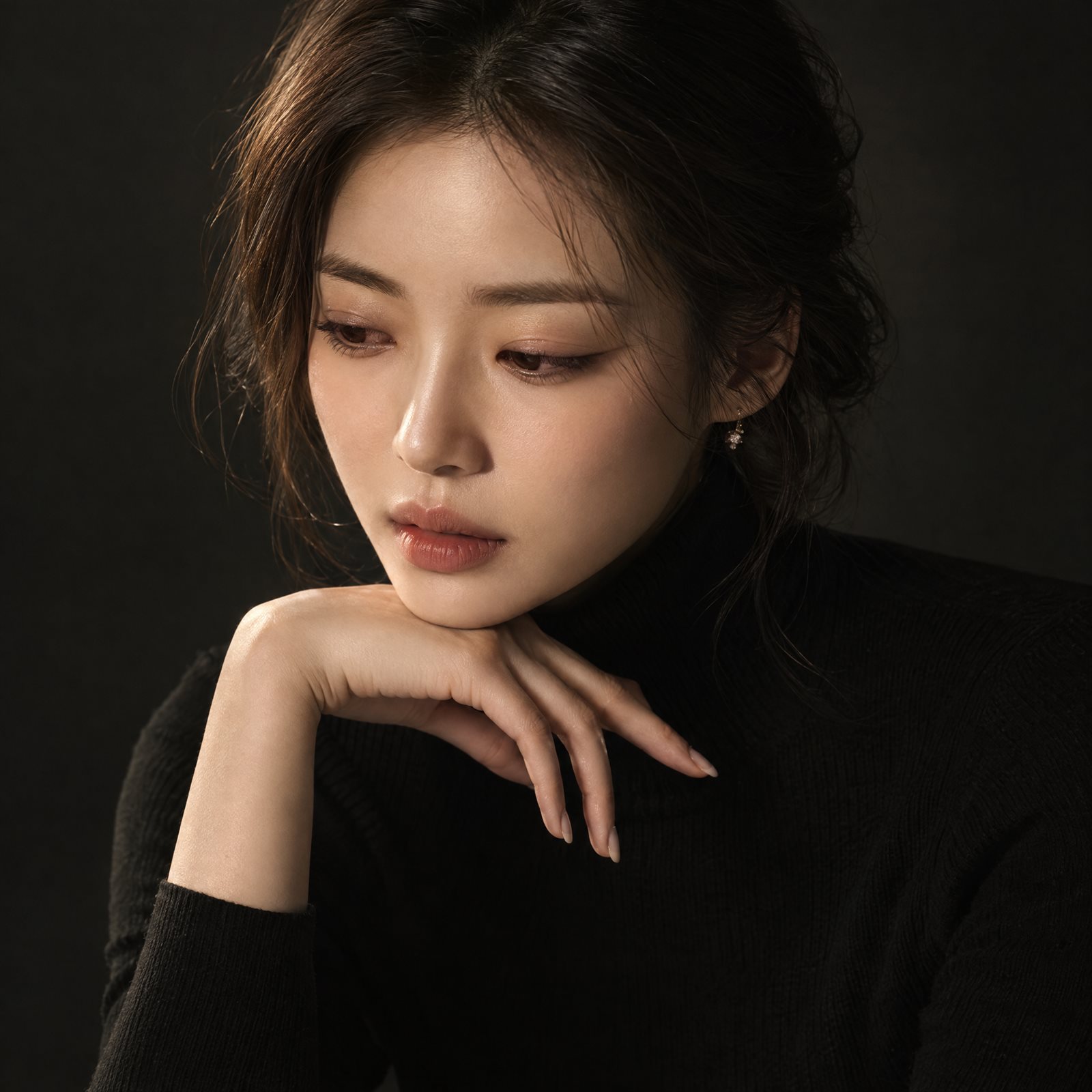 손등에 턱을 괴고 생각에 잠긴 여성 인물 사진