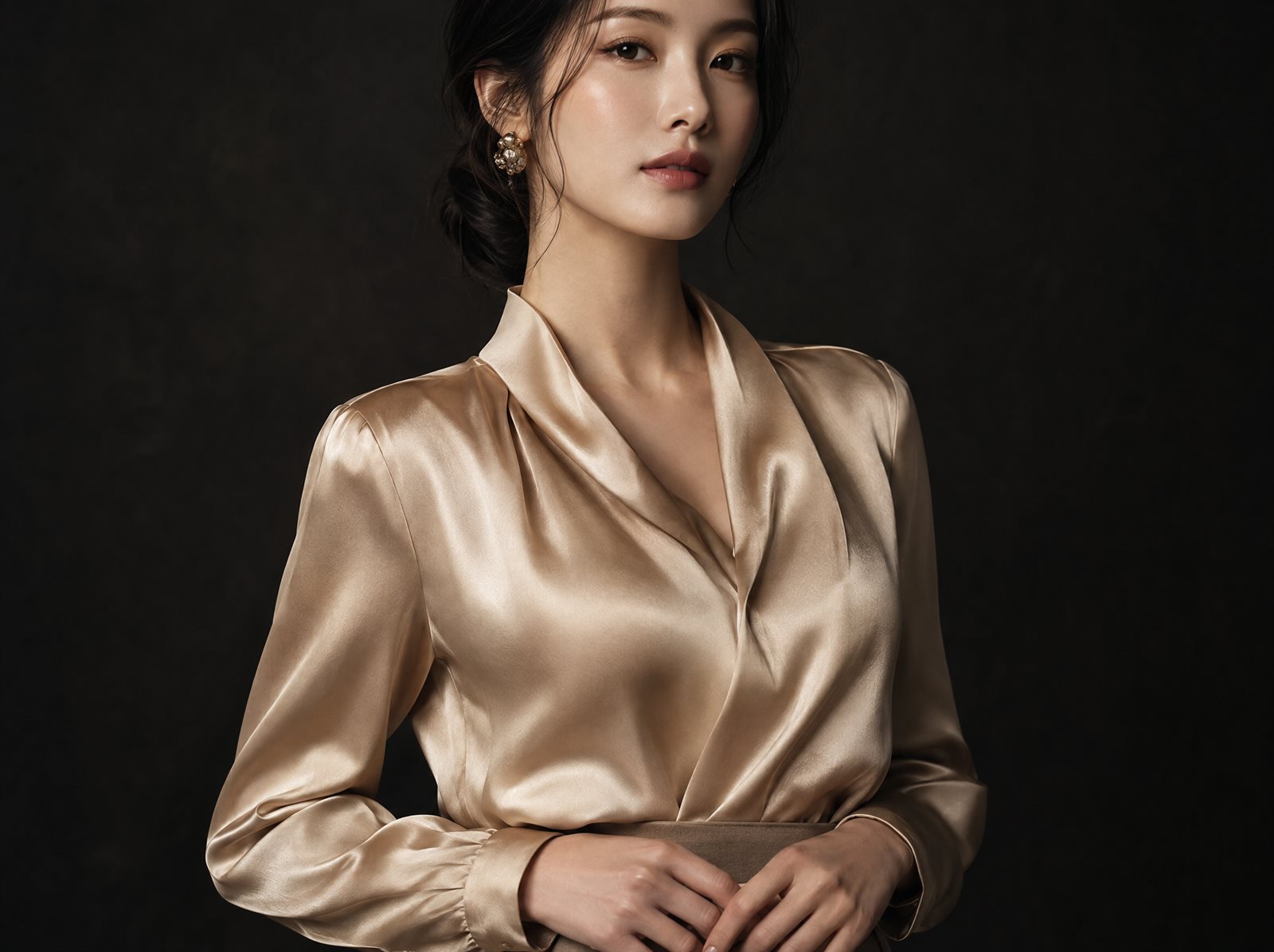 새틴 블라우스를 입은 여성 사진