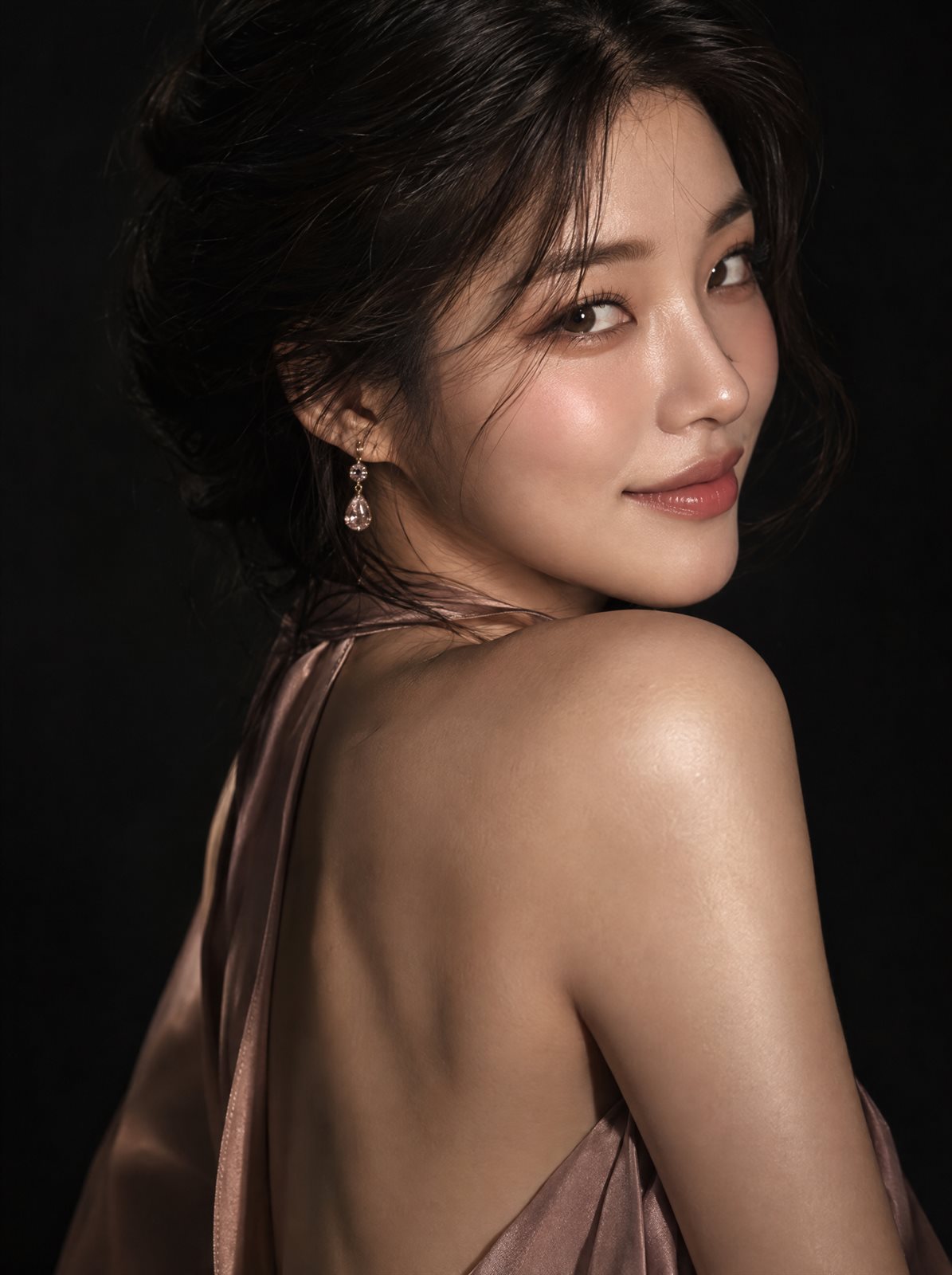 어깨 너머로 미소 짓는 여성 인물 사진