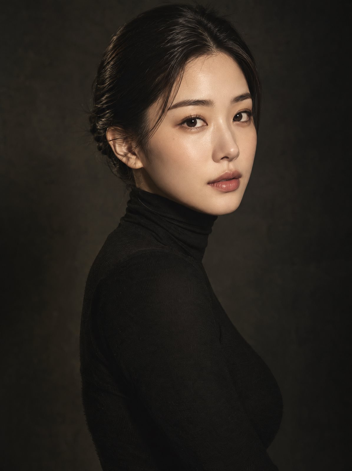 검은 터틀넥을 입고 정면을 바라보는 여성 인물 사진