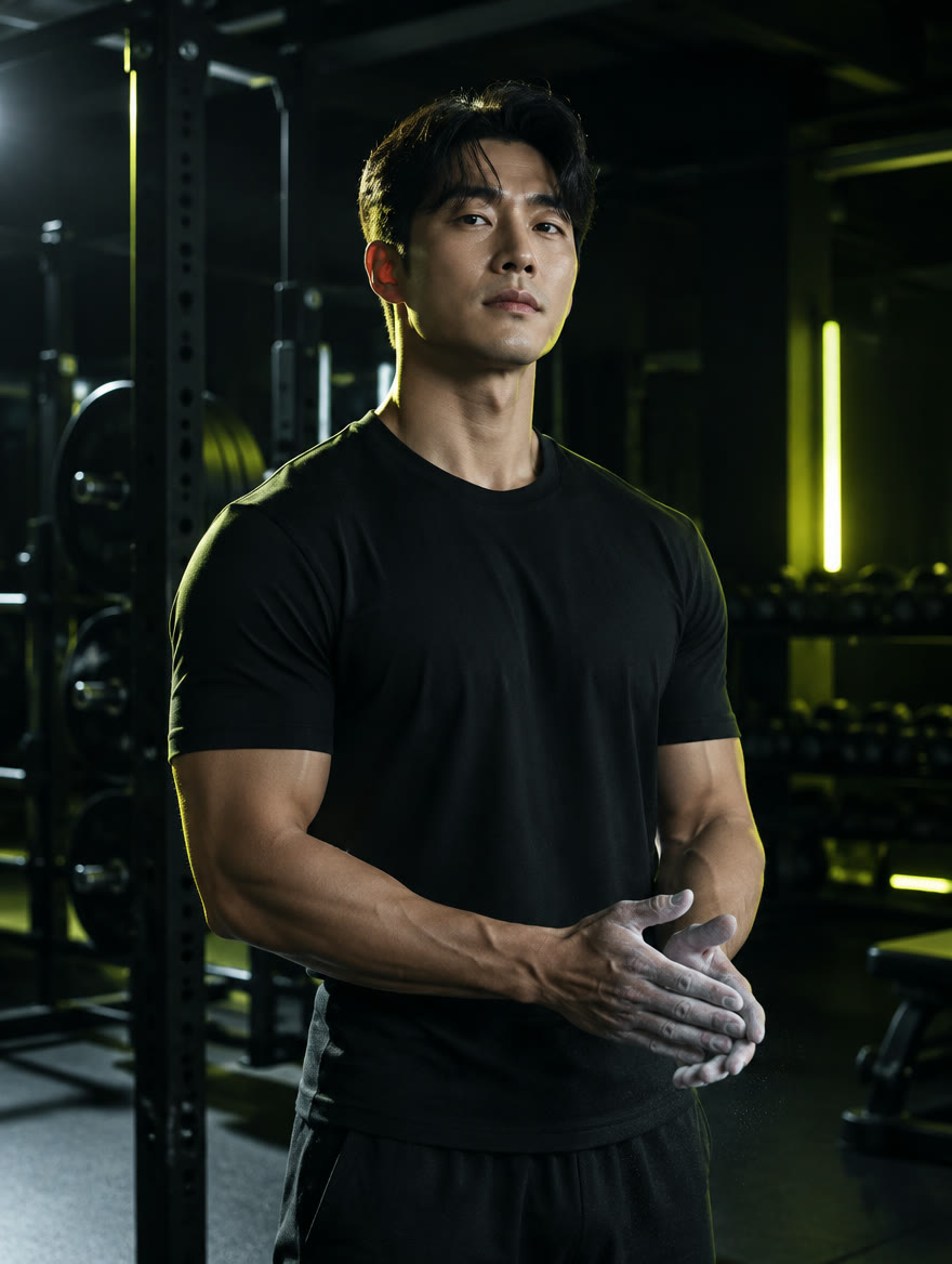 블랙 짐에서 손에 초크를 묻히고 선 포지 대표 코치