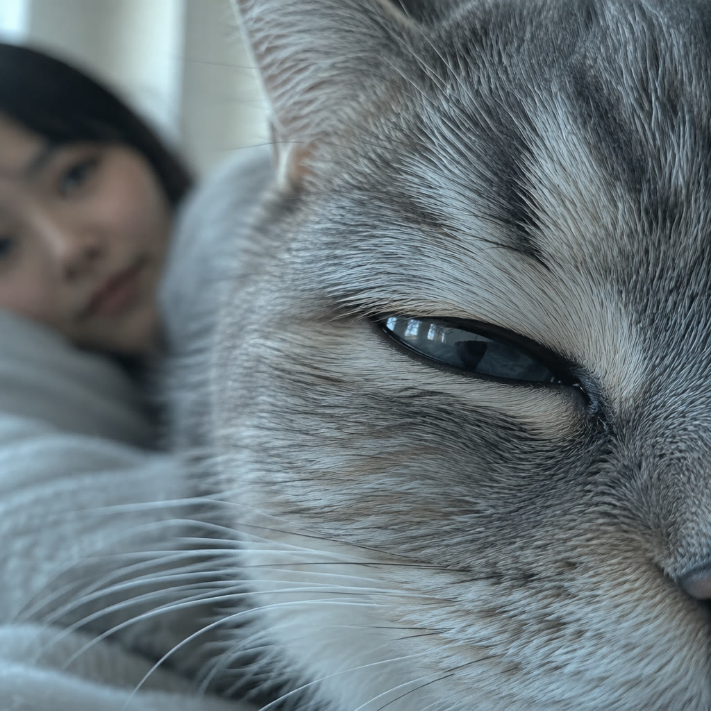 눈을 반쯤 감고 편안하게 쉬는 회색 고양이의 얼굴