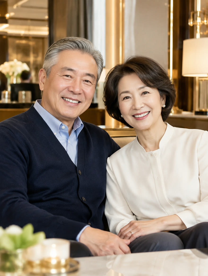 해담치과 라운지에서 나란히 앉아 미소 짓는 시니어 부부