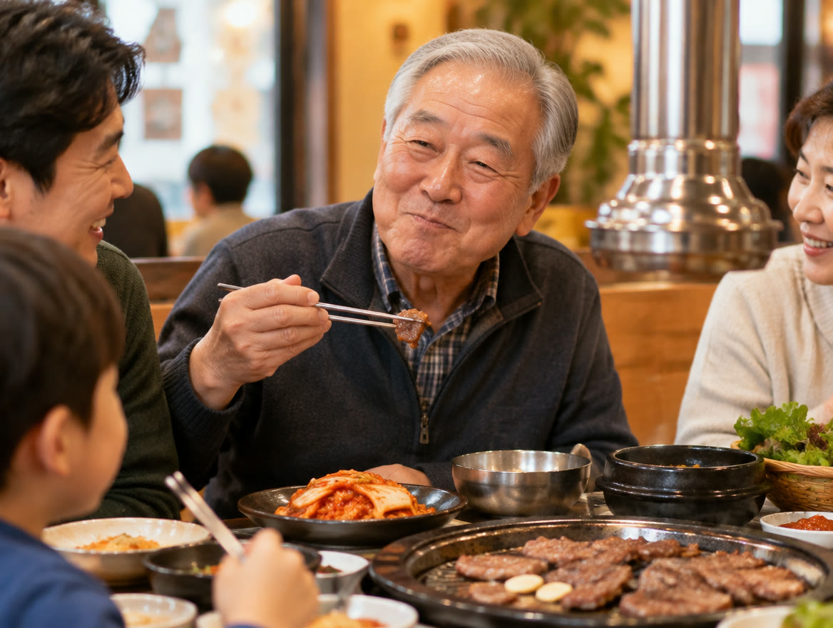 가족과 함께 고기를 집어 드시며 웃는 할아버지