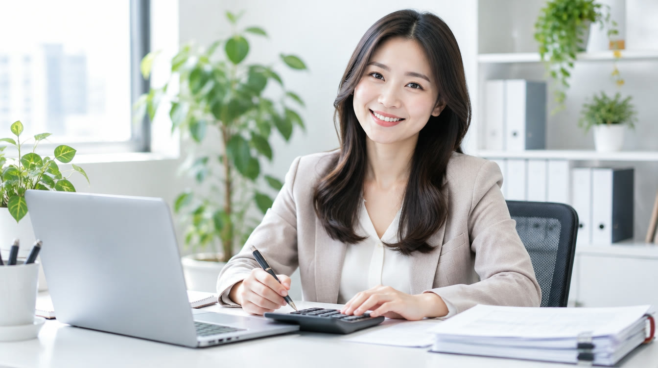 계산기를 두드리며 웃고 있는 한결세무회계 대표 세무사