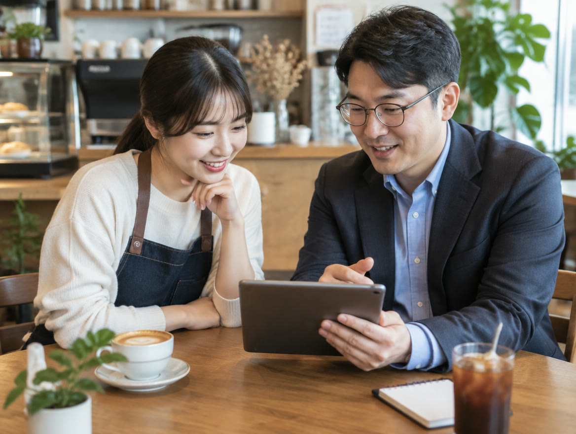 카페에서 태블릿으로 월간 숫자를 함께 보는 사장님