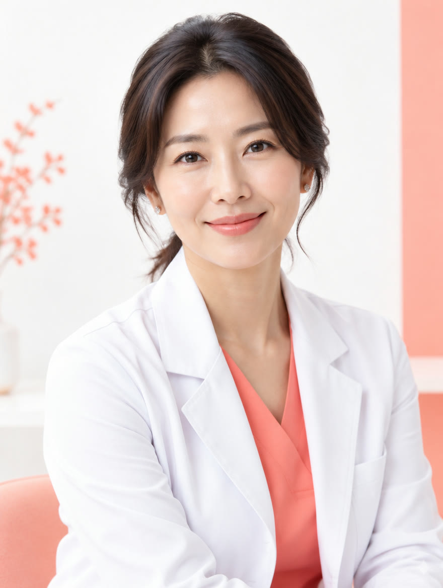 흰 가운에 코랄 수술복을 입은 이음외과 문채원 대표원장