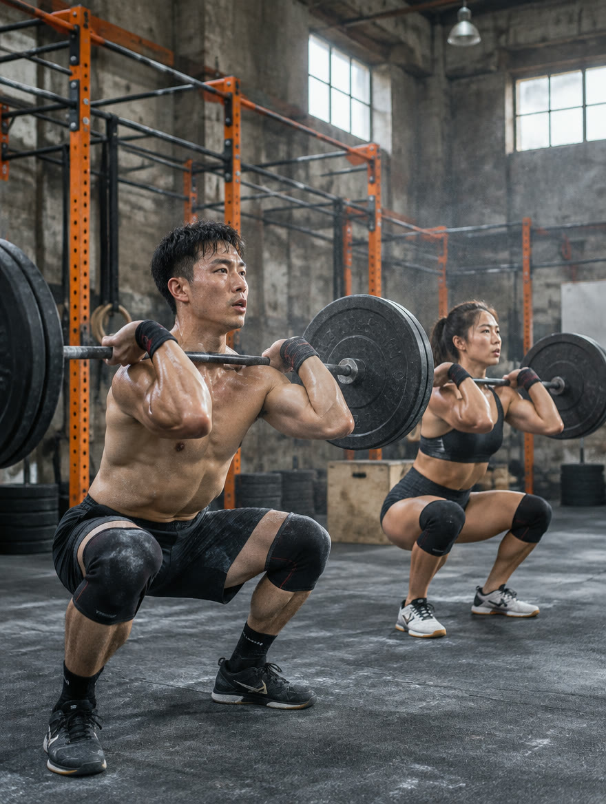 콘크리트 창고 박스에서 바벨 프런트 스쿼트를 하는 남녀 회원