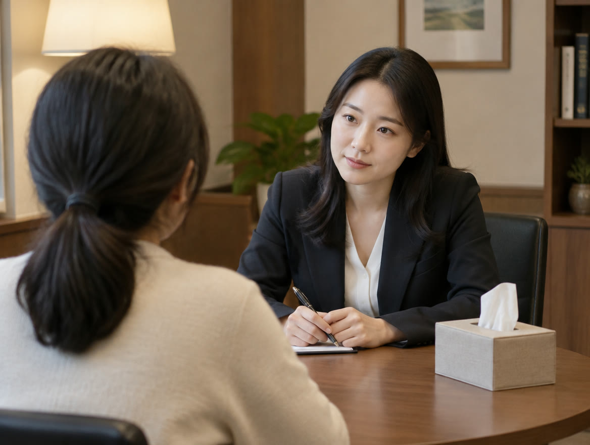 독립된 상담실에서 변호사가 의뢰인의 이야기를 메모하며 듣는 모습