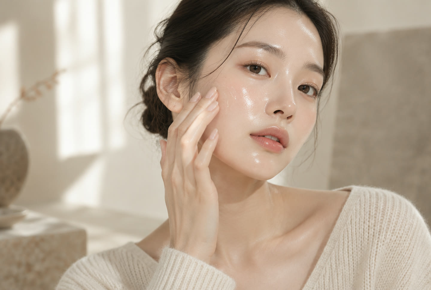 맑은 톤의 피부에 앰플을 바르는 모습