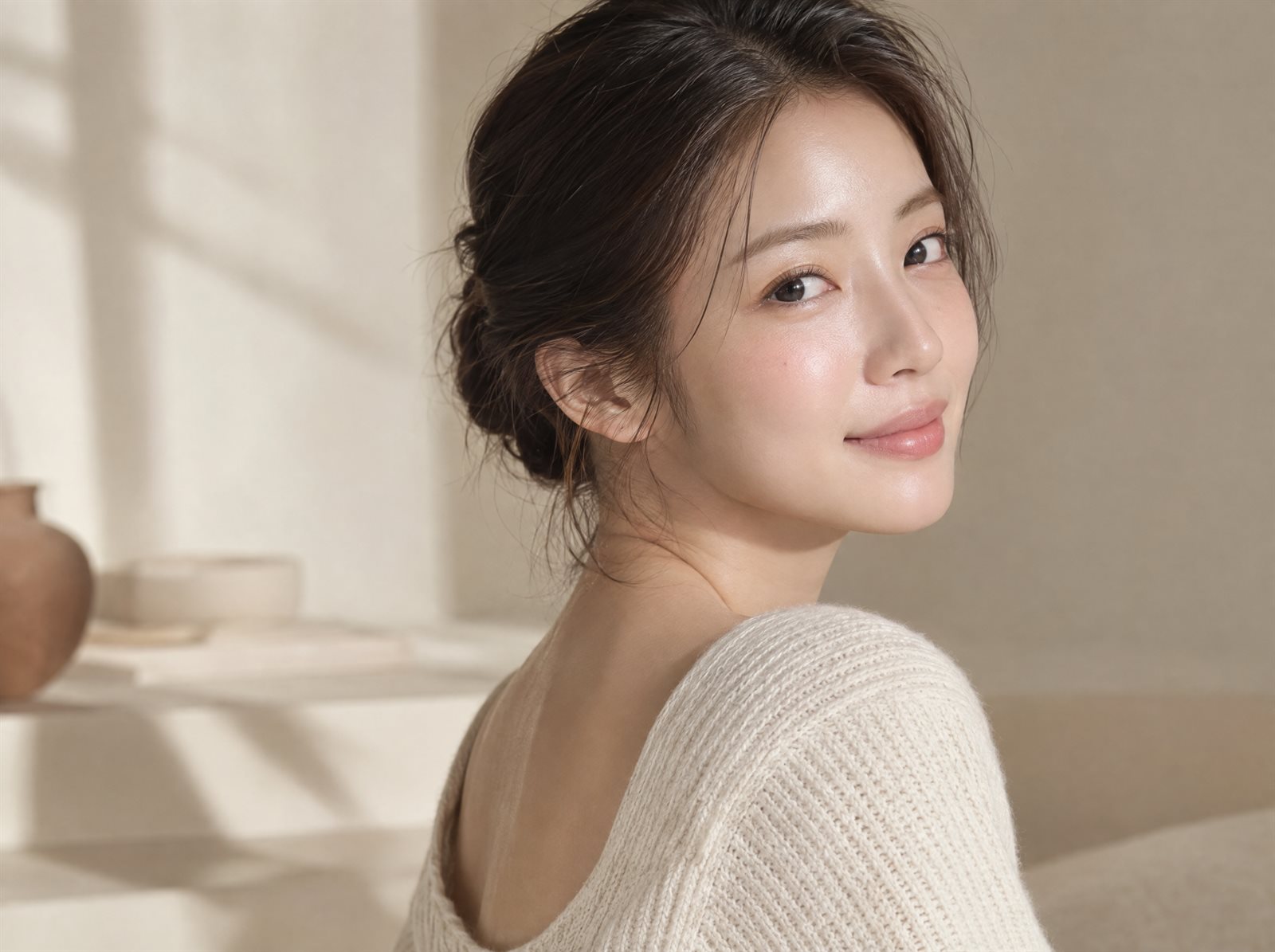 창으로 들어온 빛이 피부에 머무는 모습