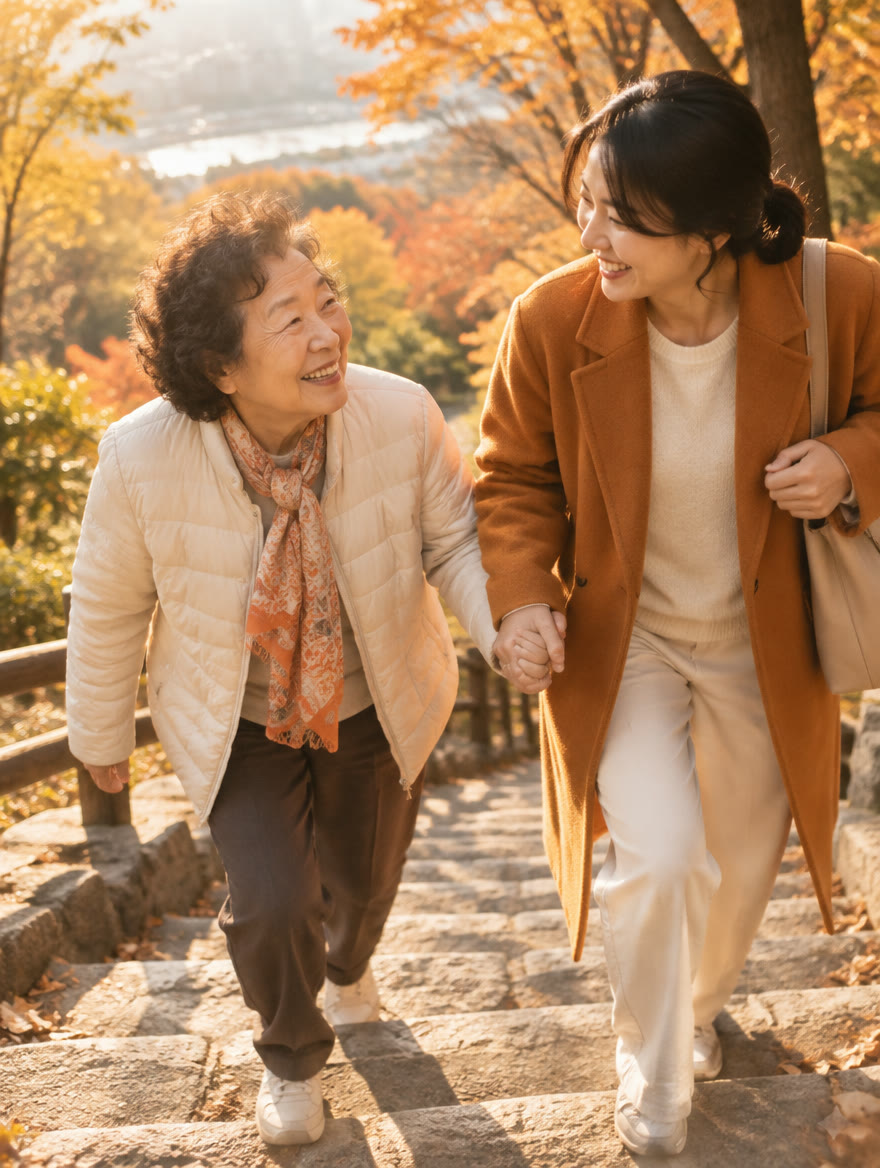 가을 계단을 딸과 손잡고 웃으며 오르는 어머니