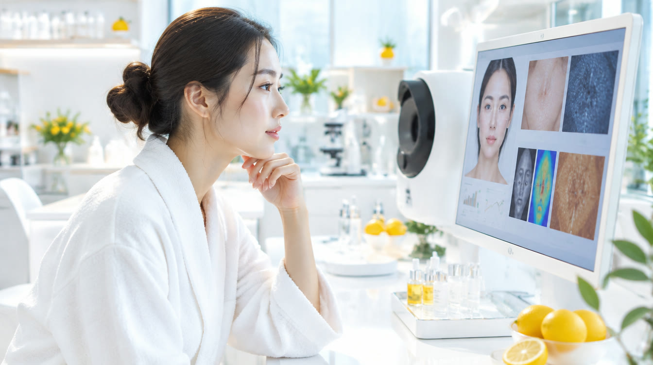 피부 측정 화면을 바라보는 고객