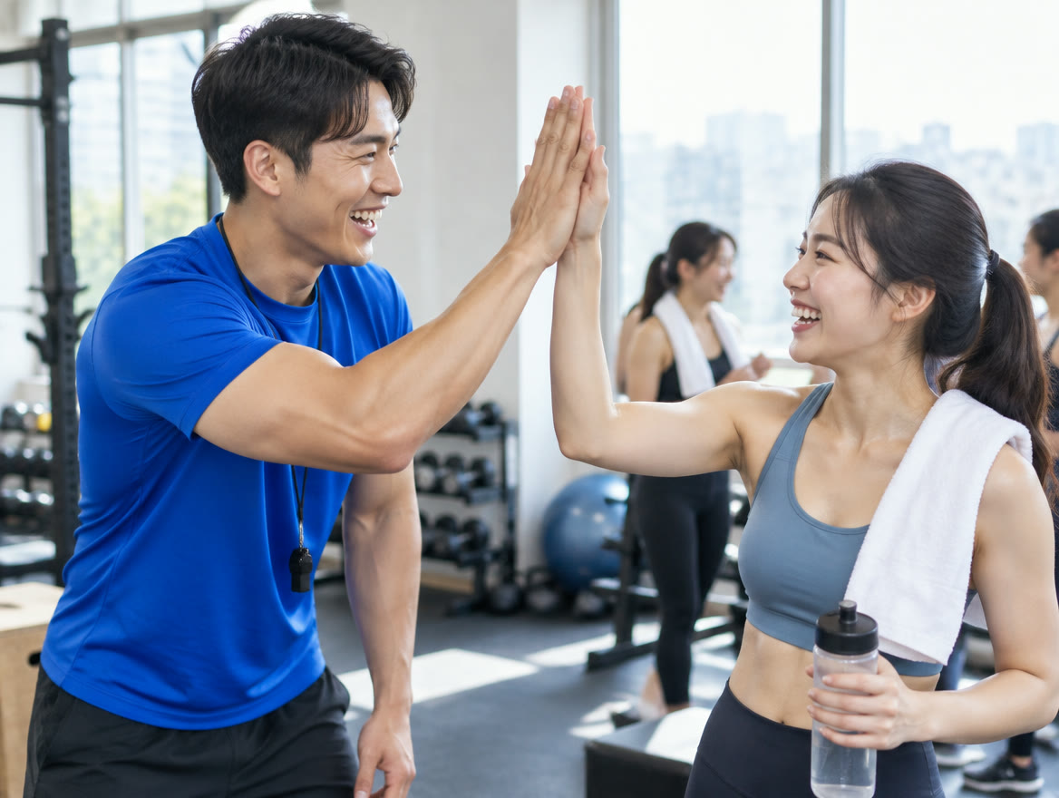 수업을 마친 회원과 하이파이브하는 코치