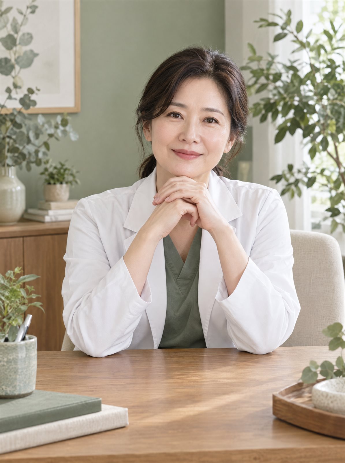 상담 책상에 앉아 미소 짓는 윤서진 대표원장