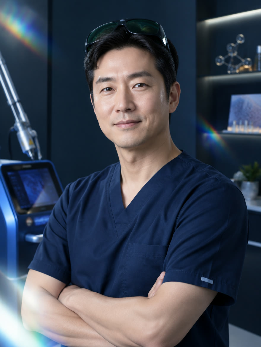네이비 스크럽을 입고 레이저 장비 옆에 선 권태현 대표원장